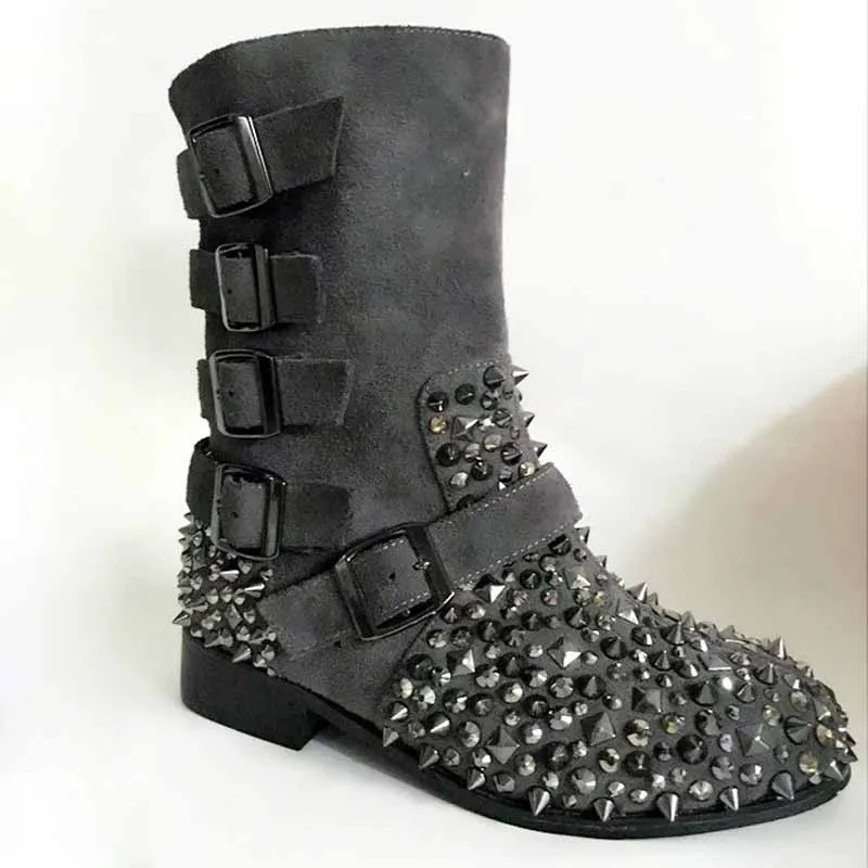 Punk Metal Rivet Studded Round Toe Ankle Boots Buckle Belt Suede Leather Boots Women Low Heels Slip On Boots Mujer Shoes Woman