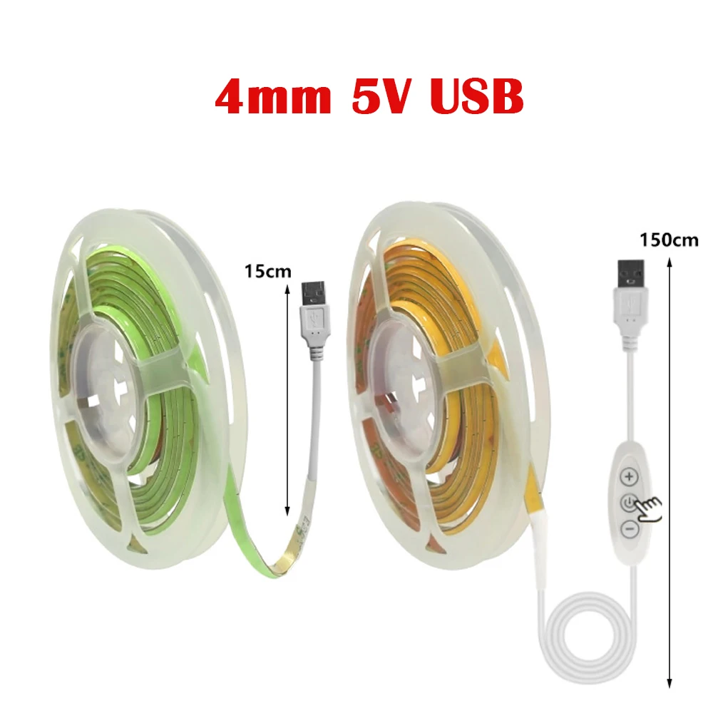 

4mm 5V USB COB LED Strip Light USB15cm 150cm Warm Cool White For Bedroom DIY Decor Flexible Lighting Direct Connection Dimmer