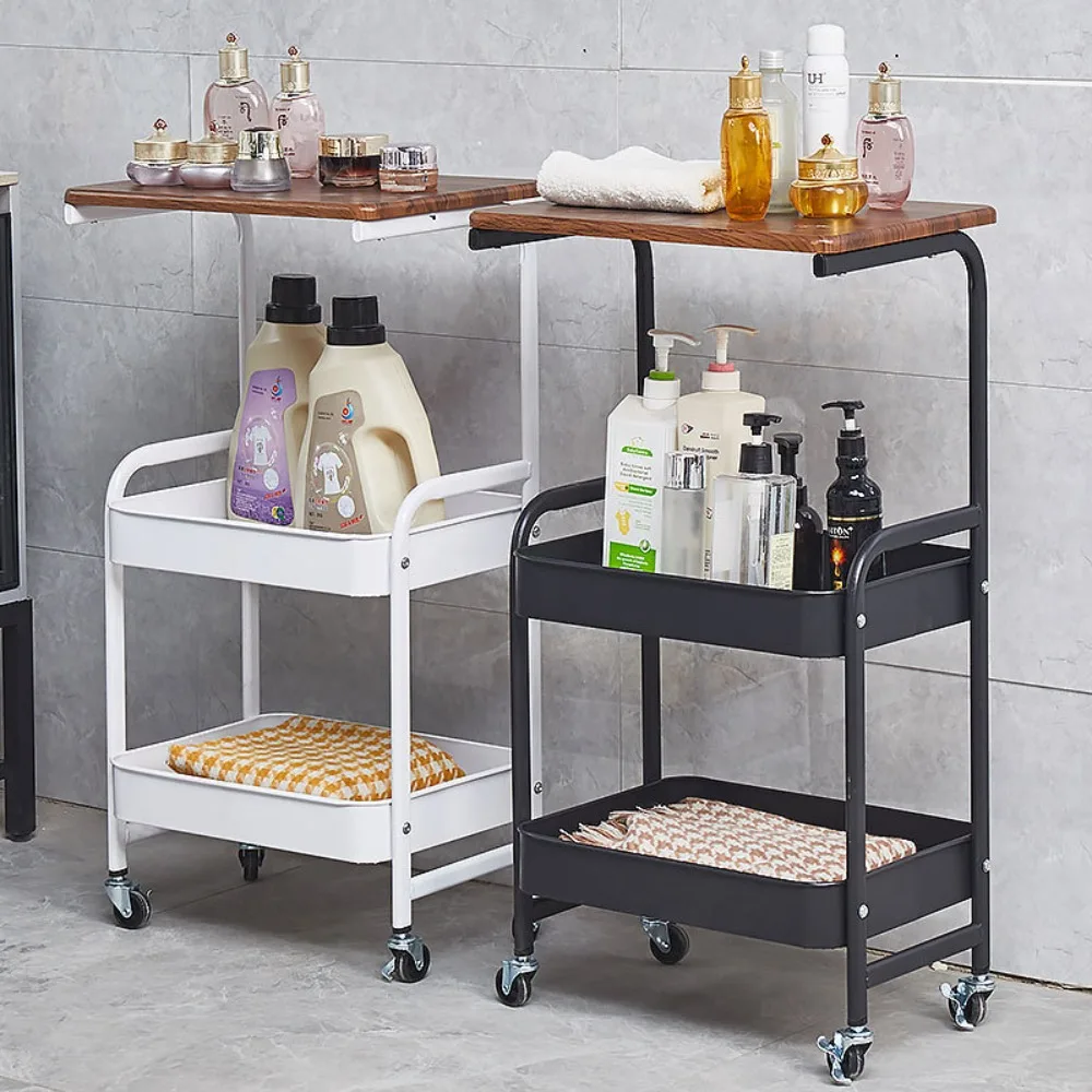 Rolling Utility Cart Trolley Storage Rack With Wooden Top Table Slim Storage Cart Multipurpose Waterproof Multi-Layer Trolley