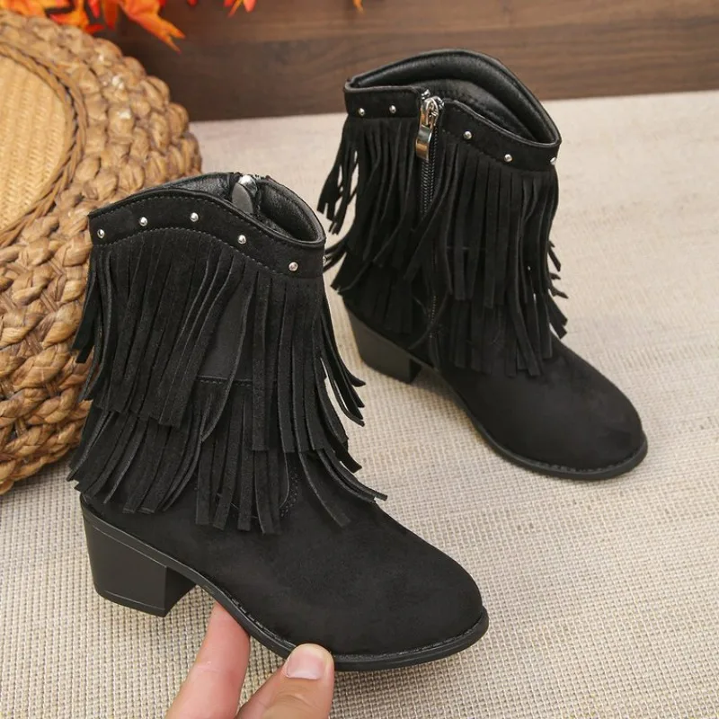 Children's Fashion Black Fringe Cowboy Boots - Suede Mid - Calf Boot with Studs and Side Zip for Girls Winter Shoe for Girl Kids