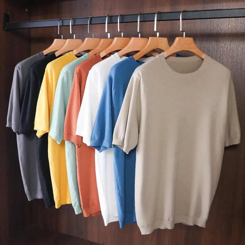 

2026 New Woolen Knitted Ice Silk T-Shirt Men's Short Sleeve Crew Neck Pure Color Spring Summer Base Layer Shirt Casual Wear