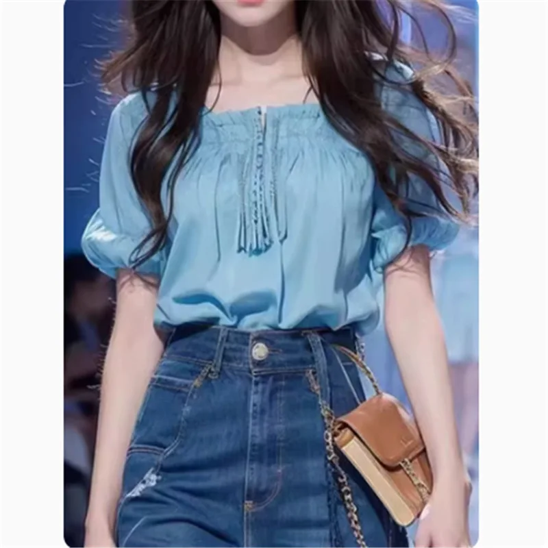 Boweylun Blue Bubble Sleeve Square Neck Short Sleeve Shirt Women Summer Fashion French Tops Pullover Girls
