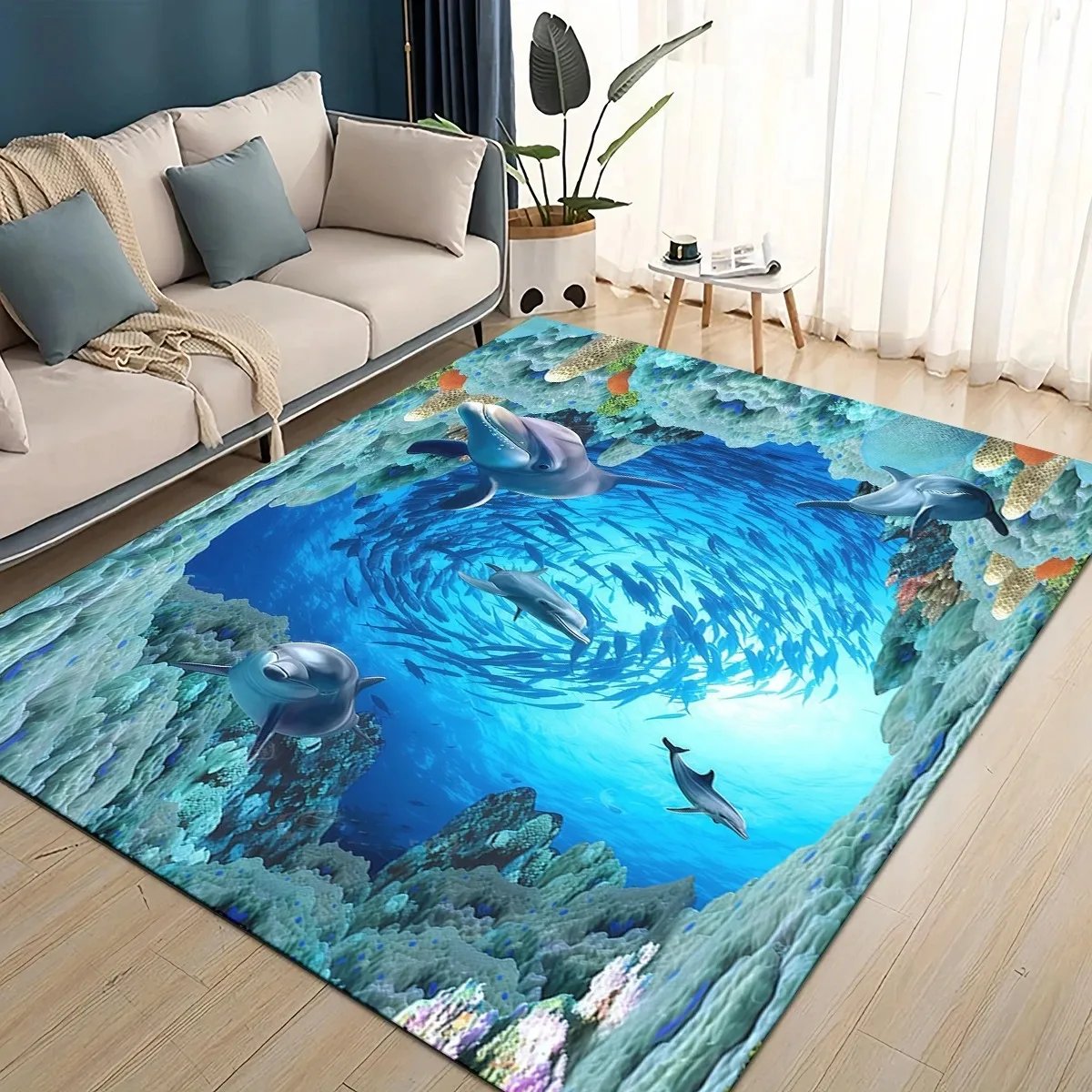 Verschiedene Muster Teppich 3D-Illusion Unterwasser-Dino-Teppich für Wohnzimmer Schlafzimmer Zuhause, Rutschfeste Bodenmatte