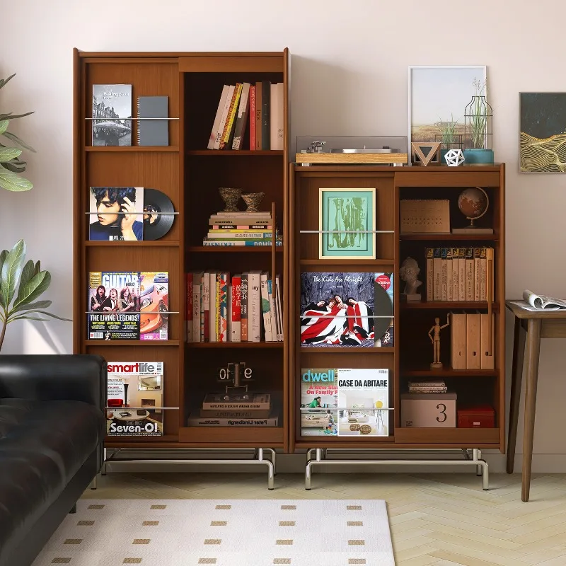 Solid Wood Movable Home Furniture Bookshelf Living Room Bauhaus Display Cabinet Full Wall Vintage Style Study Magazine Glass