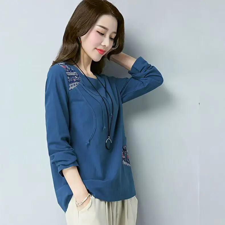 plus Size Long Sleeve T-Shirt Spring Autumn Base Shirt for Middle-Aged And Elderly Women Casual Loose Fit Polyester Ladies Top