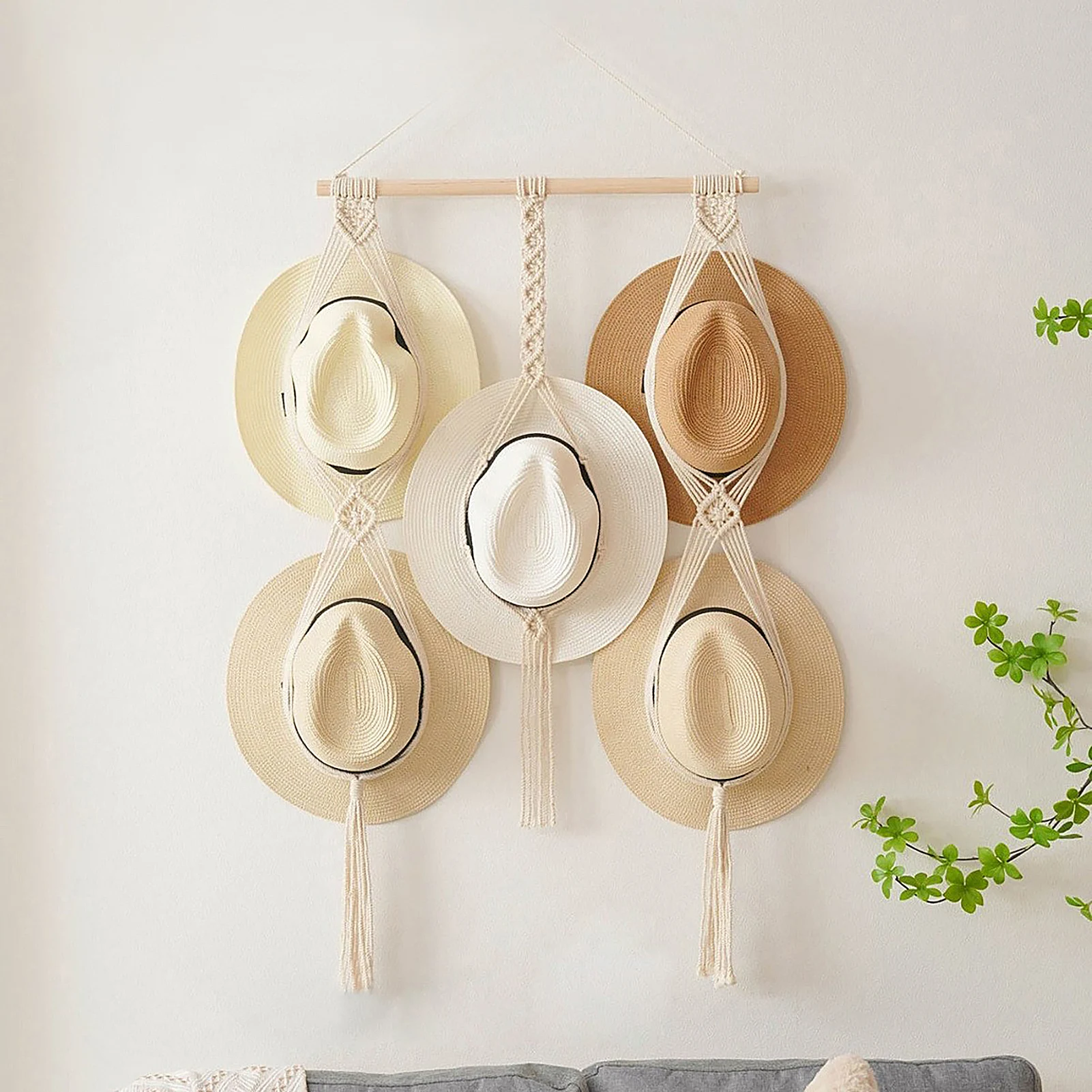 New Bohemian Hat Storage Hanger Wall Mounted Handmade Woven Hat Rack Wood Hat Holder Wall Decor