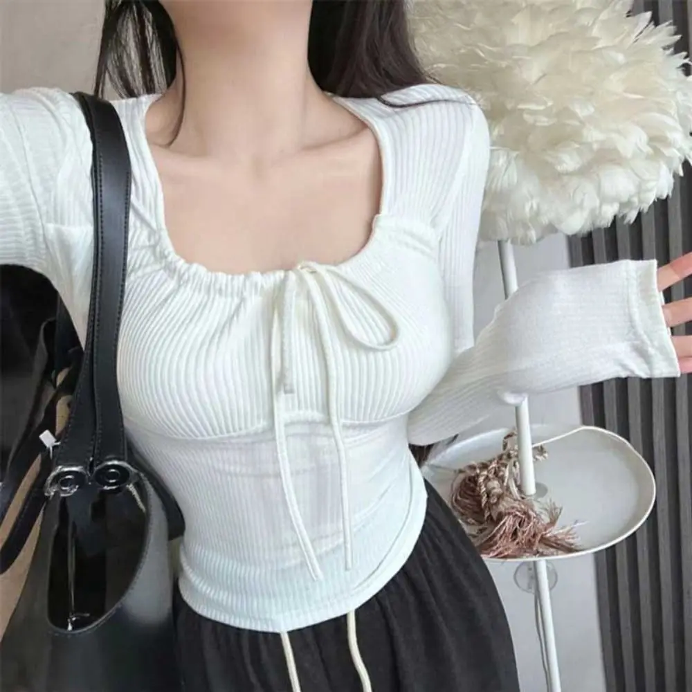 

Square Neck Sweet Slim Tops Solid Color Thin Long Sleeve T-shirt Women's Clothing Bottoming Shirt Lace Up T-shirt Women