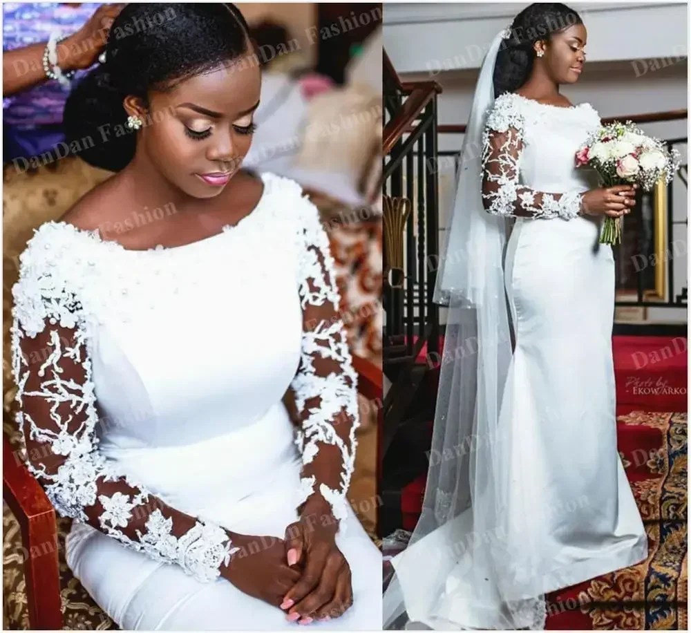 Customize Plus Size Arabic Aso Ebi Lace Beaded Sexy Wedding Dresses Long Sleeves Bridal Dresses Mermaid Satin Gowns