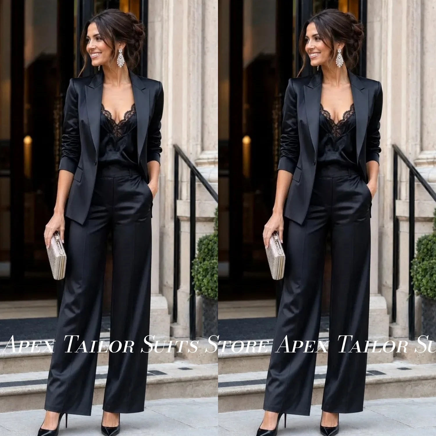 Women 2 Piece Satin Suit Set Black Peak Lapel Blazer Wide Leg Pants Formal Office Wedding Party Suit For Ladies Custom Made