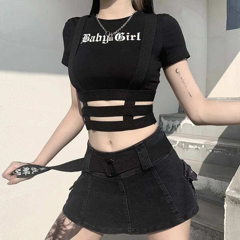 Insdoit Harajuku streetwear cargo black T shirt punk goth sexy hollow out short sleeve cropped tops women letter print tshirt js