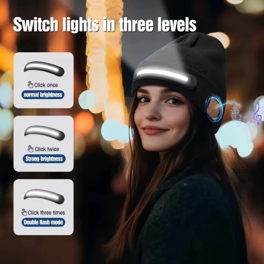 USB Rechargeable LED Lighted Beanie Hat Three-Stage Lighting Built-in Speaker Mic Bluetooth Earflap Hat Detachable