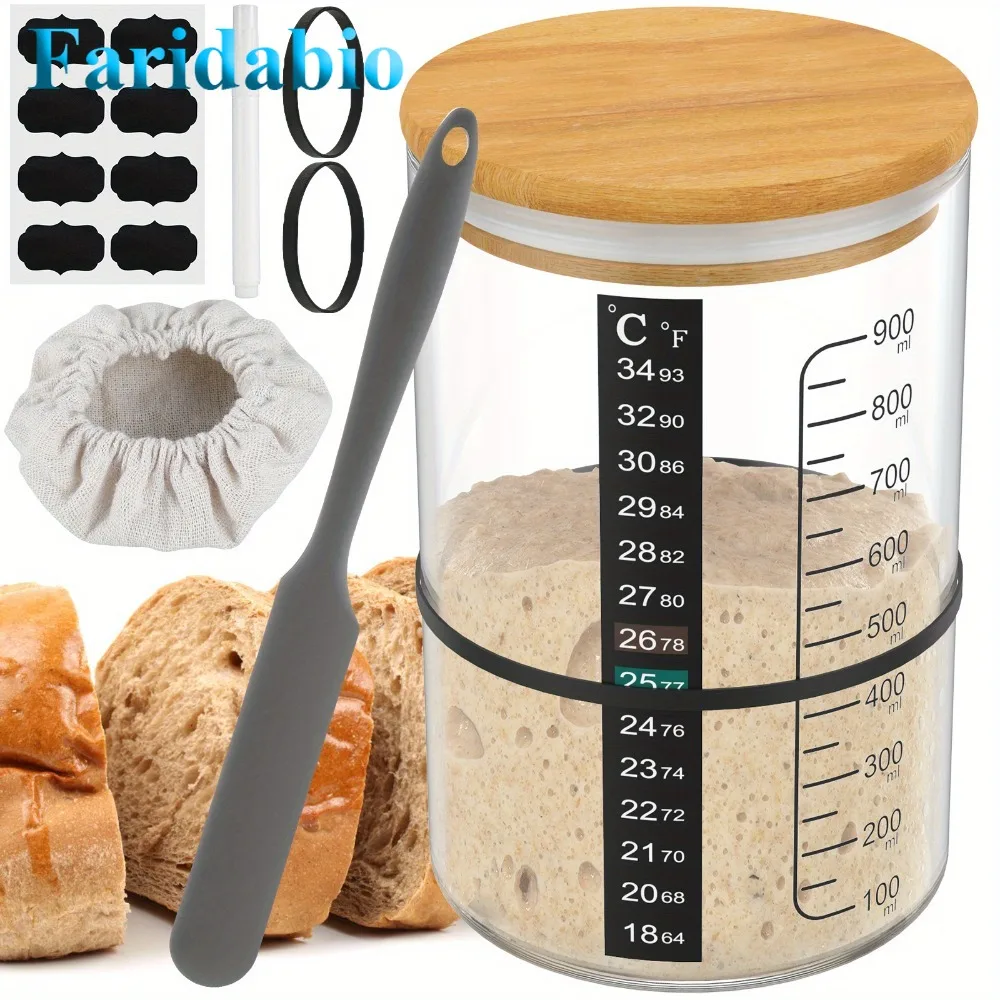 Faridabio Sourdough Fermentation Jar Set 900ml/28oz Large-Capacity Wide-Mouth Glass Container (with Lid), Spatula, Graduated Tap