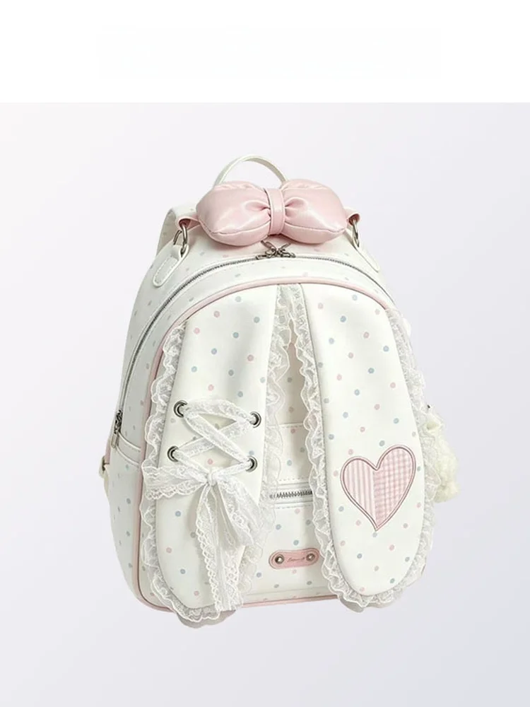 2026 New Polka Dot Rabbit Ear Backpack Women's High Aesthetic Dual Shoulder Travel Commuting High School Student Bag