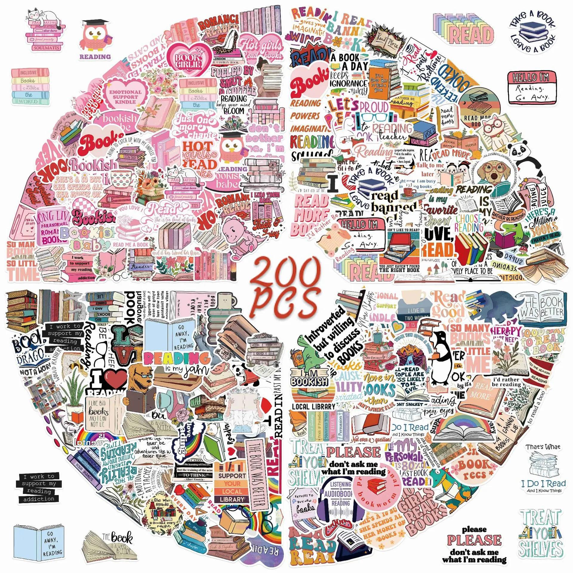 

200pcs Cute Pink Book Reading Stickers Aesthetic Diy Stationery Notebook Bottle Laptop Luggage Guitar Skateboard Car Sticker