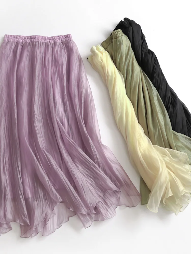 

Solid Color Elastic High Waist Fashion A-Line Skirt Korean Style Design Casual Elegant Harajuku Temperament Skirt Summer