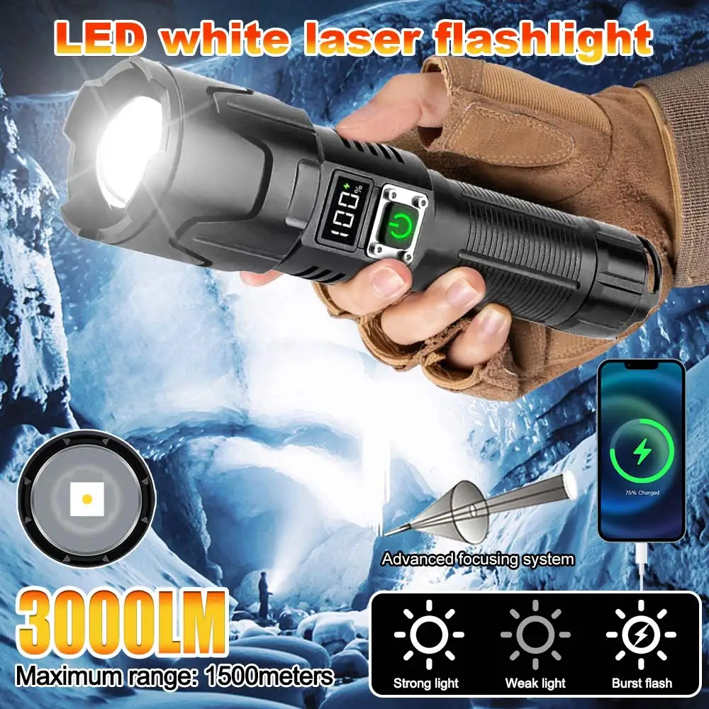 Imagem -03 - Lanterna Laser Branca Led Super Brilhante Usb Recarregável Luz do Flash Lanterna Tática Tocha de Tiro Longo 26650 30w