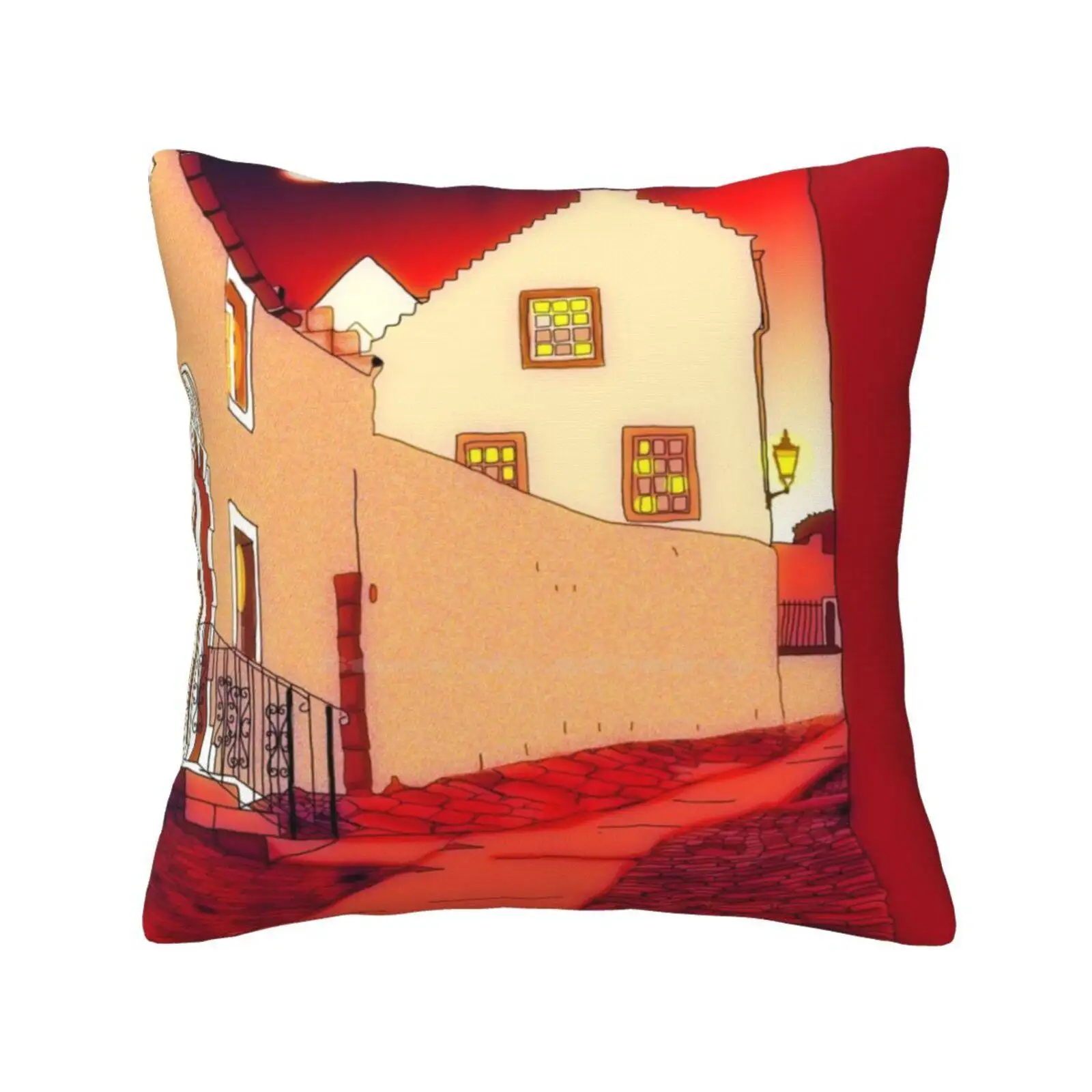 Dysart : Scottish Town Digital Drawing Funny Cute Decor Square Pillowcase Dysart Hie Gait Architecture Buildings Lights Stone