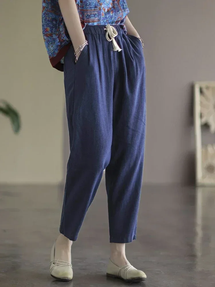 القطن الكتان سراويل تقليدية للنساء في 2024 جديد فضفاض سليم رقيقة الدانتيل متابعة الكاحل طول السراويل الرجعية مرونة الخصر سراويلي حريمي النساء #2