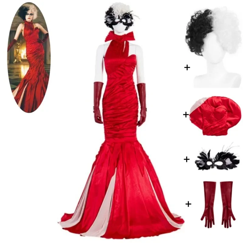 x;3,f'6;h\9/Anime Movie 101 Dalmatians Cruella De Vil Cosplay Costume Wig Black White Witch Red Dress Sexy Woman Out6'h.8\j,3/f' view 2