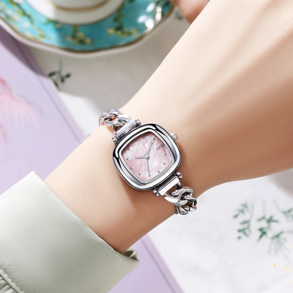 GEDI Elegant Waterproof Square Women Quartz Watch Luxury Cuba Steel Chain Strap Fritillary Dial Diamond Index Ladies Wristwatch