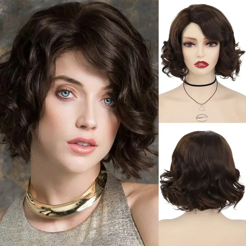 GNIMEGIL Synthetic Elegant Short Curly Wave Hair Brown Bob Wig Side Parting Wig for Women Natural Fluffy Daily Cosplay Party Use