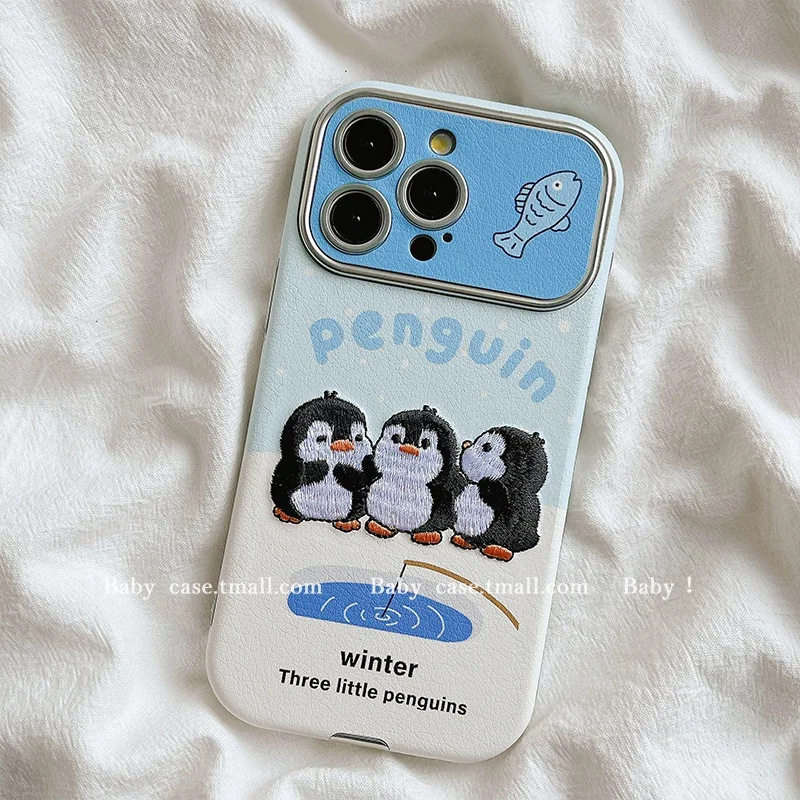 Cute Embroidered Penguin with Hanging Rope Suitable for Apple 16promax Phone Case IPhone 15 New 14pm Large Window 13 Leather