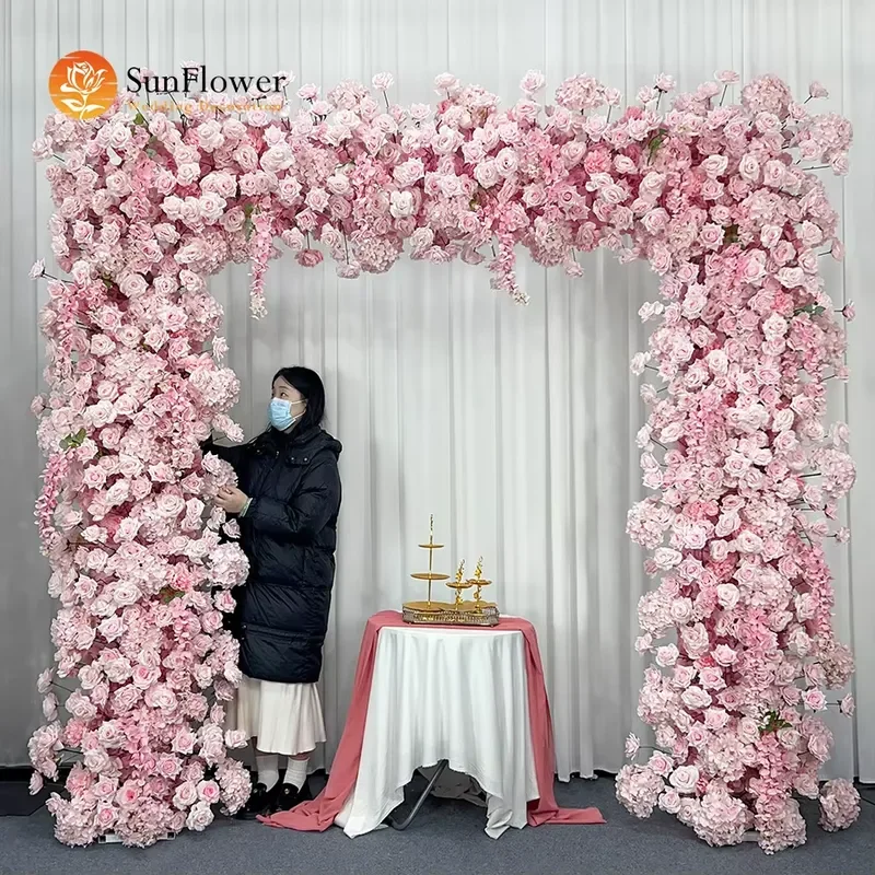 

Simulated Silk Realistic Handmade Light Pink Rose Square Arch Customized Size Beautiful Wedding Background Decoration