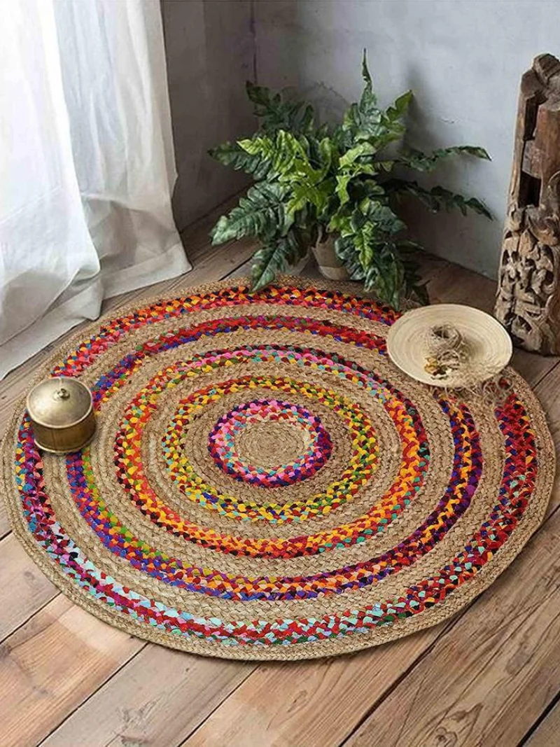 Indian Jute Chindi Round Rugs Colored Woven Carpet for Living Room Indoor-Outdoor Multi Color Rugs for Bedroom Home Decor