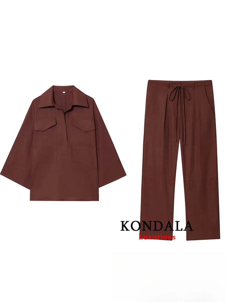 

KONDALA повседневный шикарный женский однотонный костюм с отложным воротником, свободная блузка с карманами, прямые брюки на шнурке, модные осенние костюмы 2025 года
