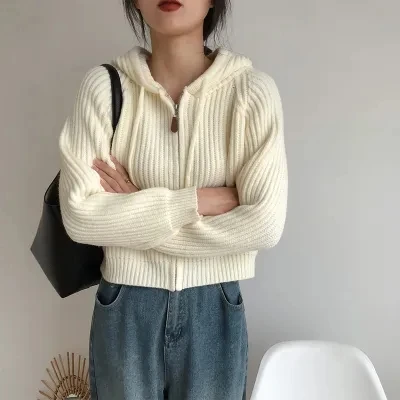 Coreano sle com capuz de malha cardigan feminino primavera outono faion casual zíper ort versátil camisola branca jaet