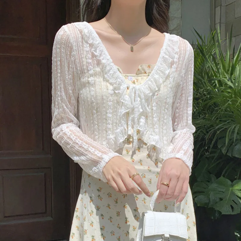 

Women's Short Lace Sun Protection Shirt Thin Outerwear Shoulder Pad Cover up Cardigan Summer Open Front Small Jacket
