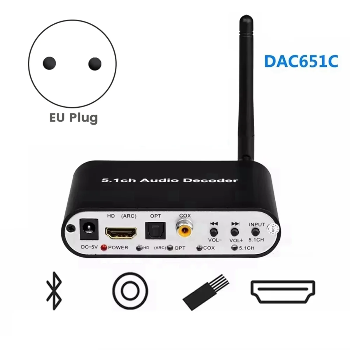 N91R DAC651C 5.1 Audio Decoder Bluetooth 5.0 Receiver DAC DTS AC3 FLAC APE HD to HDMI Compatible Extractor Converter EU Plug