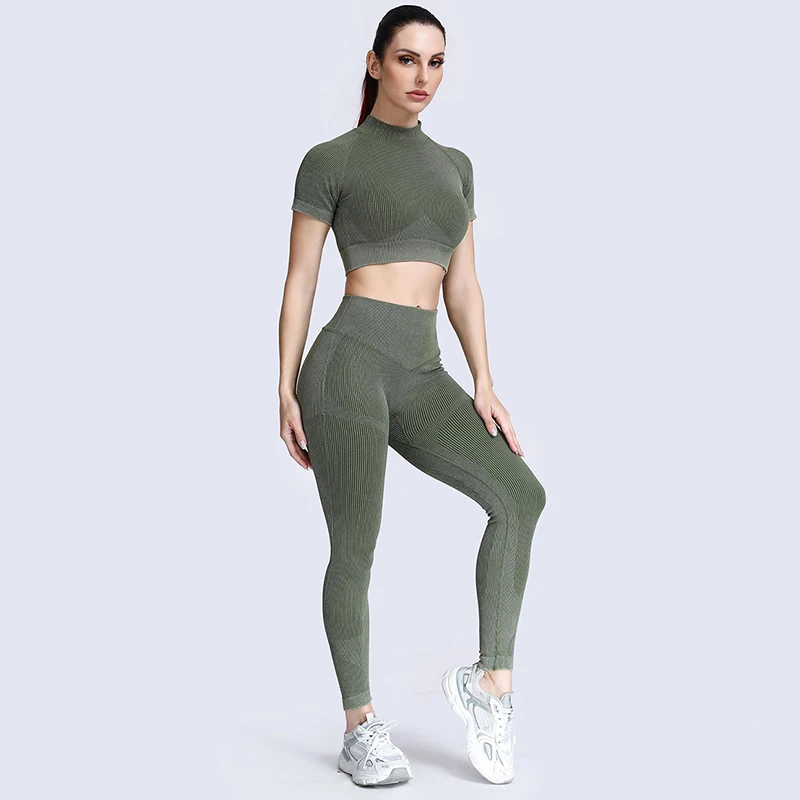 Sportswear Women Yoga Set Seamless High Waist Leggings Short Sleeve T-shirts Crop Top 2 Pieces Set Gym Clothing Fitness Suit