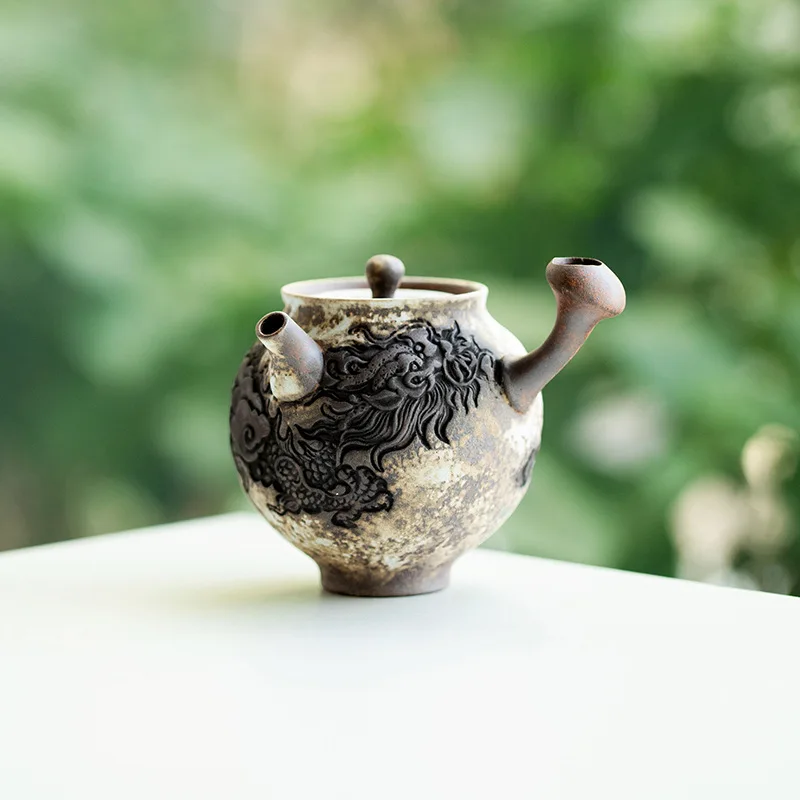 Changpuju Hand-embossed Ink Dragon Teapot Ceramic Kung Fu Pot Tea Teaware Kitchen Dining Bar Home Garden