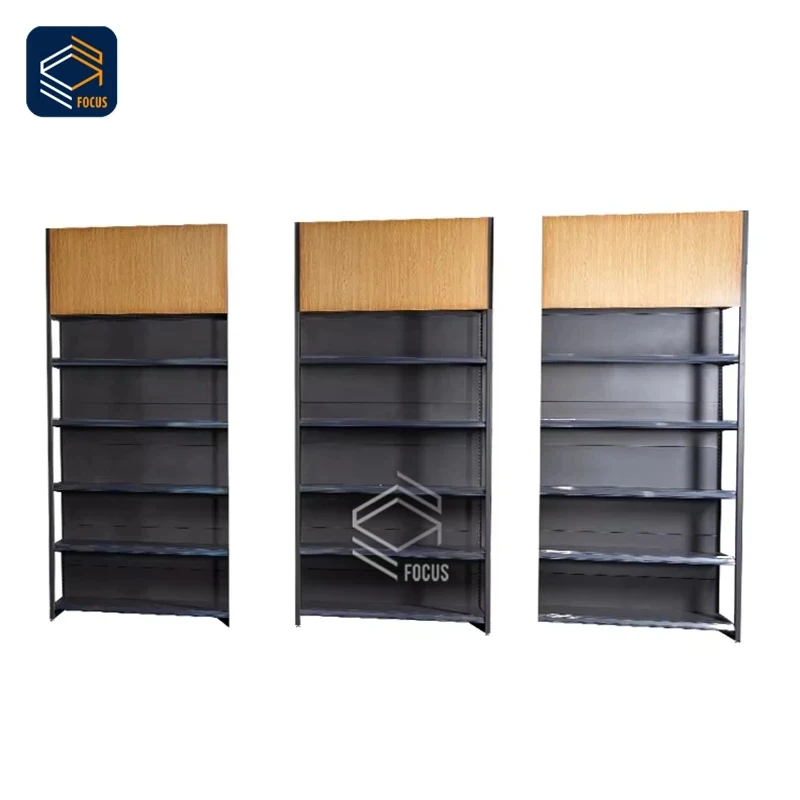 custom.Multi Tier Retail Display Shelving Unit Black Metal Frame Wooden Shelves Adjustable Height Commercial Racks