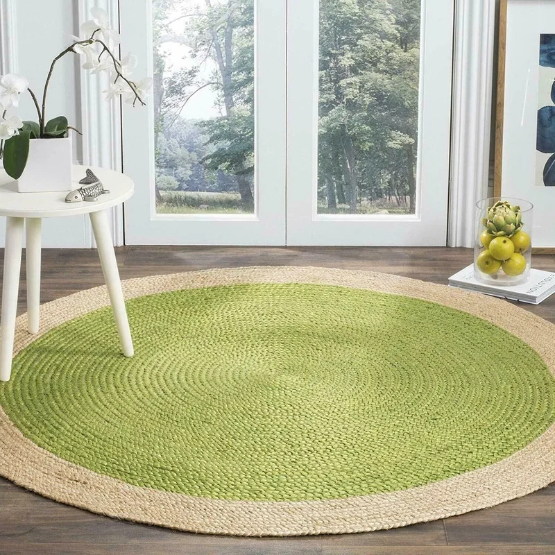 Green Jute Rug Round 100% Natural Jute Style Rug Reversible Braided Modern Look