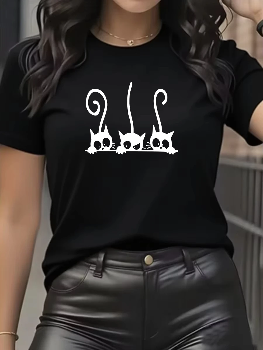 

Новая женская футболка из 100% хлопка с принтом кошки, 2026, летняя, с коротким рукавом, топ