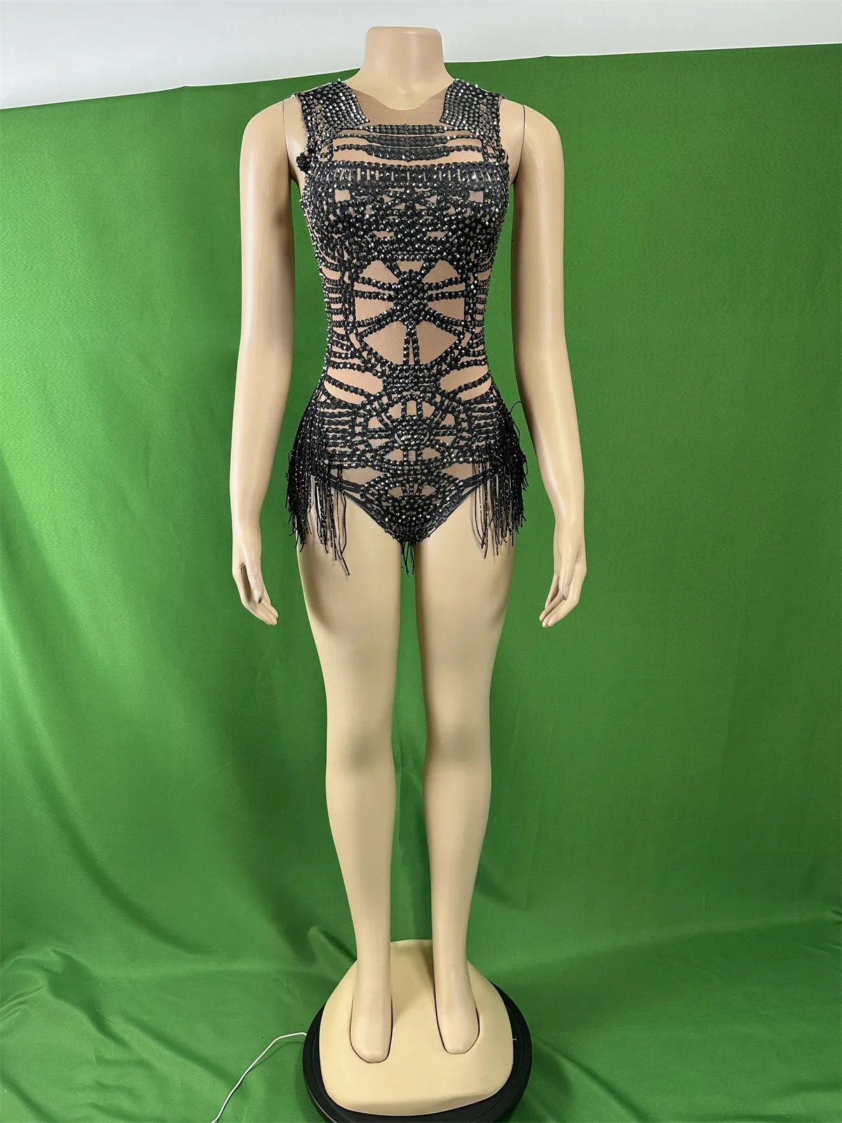 

Женское боди с бахромой и стразами для ночного клуба, сценических танцев, черный эластичный купальник без рукавов DJ DS Gogo, латинский купальник, 2025 новый год