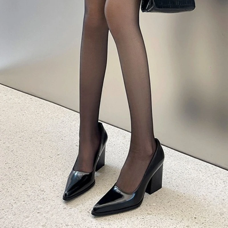 Elegant Black Patent Leather High Heels Women Sexy Pointed Toe Thick Bottom Designer Shoes Comfort Shallow Commuter Office Shoes