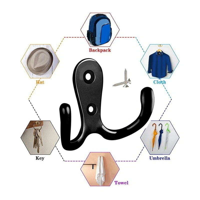 10X Double Prong Robe Hook With Screws, Dual Coat Hooks Wall Mounted Hanging Clothes (Black)