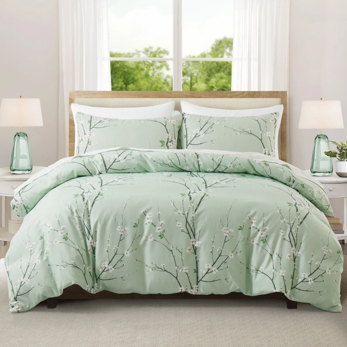 

Sage Green Floral Duvet Cover Twin Queen 2/3 Pieces Flower Plum Blossom Bedding Set Reversible Botanical Branch Comforter Cover
