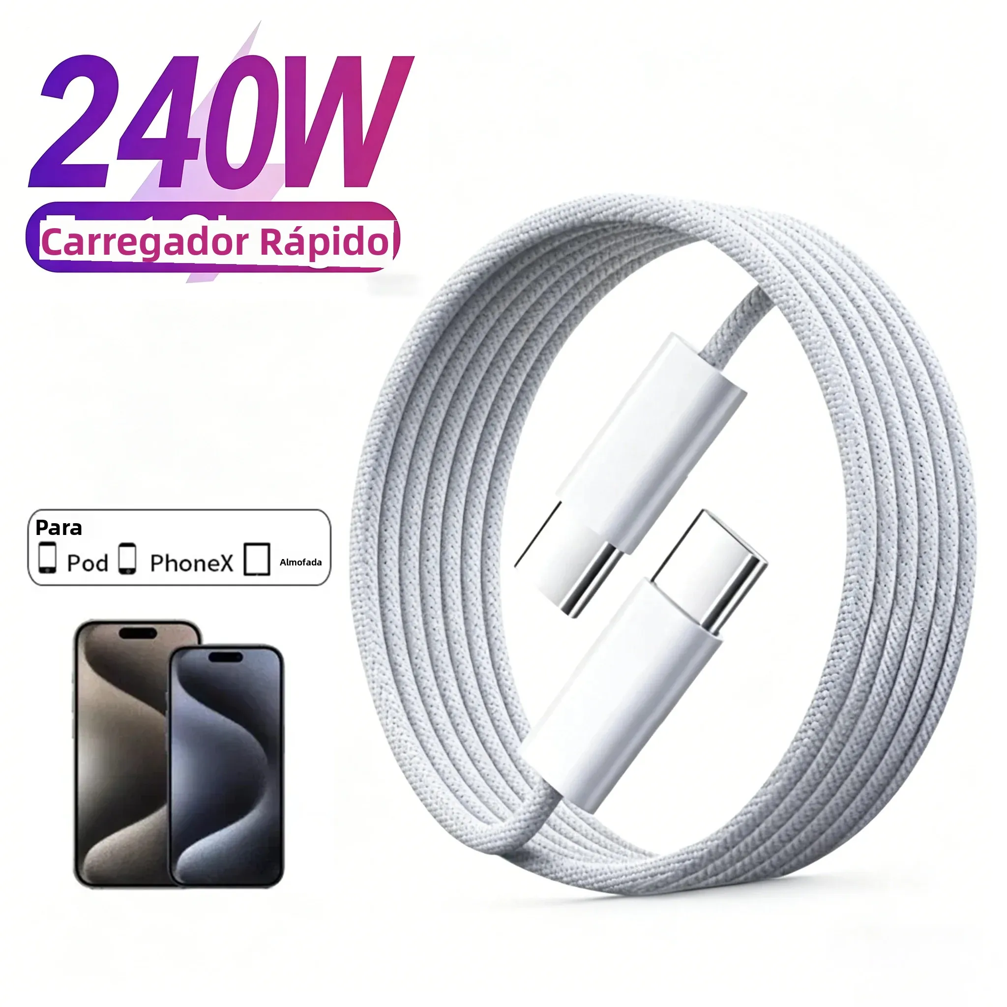 Carregador Rápido 240W 6A USB-C para Celulares, Cabo Tipo C para C para iPhone, Xiaomi, Huawei, Samsung, Acessórios para Celular 1M/2M
