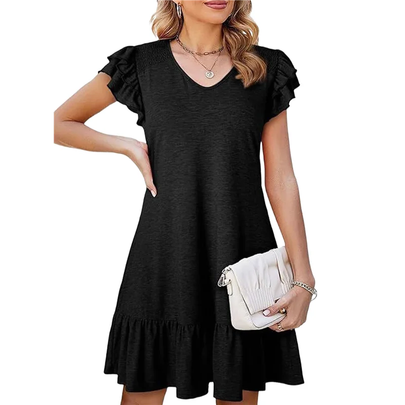 NUOVI abiti estivi da donna con volant manica corta smock scollo a V casual allentato a-line altalena mini abito prendisole