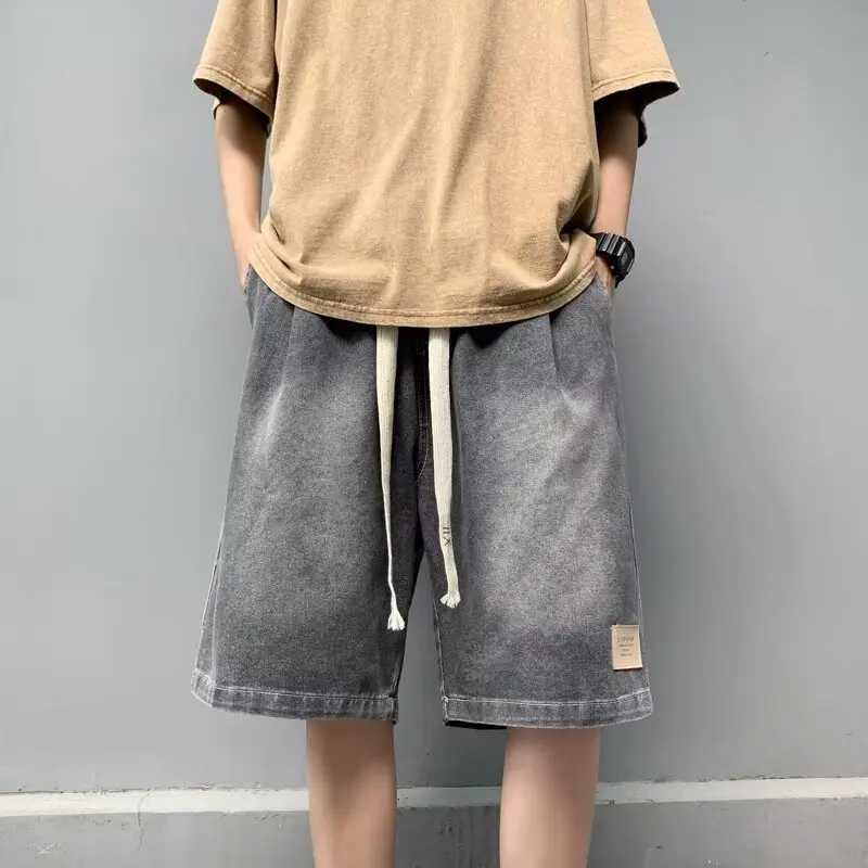 

Мужские джинсовые шорты в стиле ретро-рабочей одежды, летние модные брендовые шорты с эффектом потертости, свободные, с прямым кроем, в японском стиле, на пять карманов.