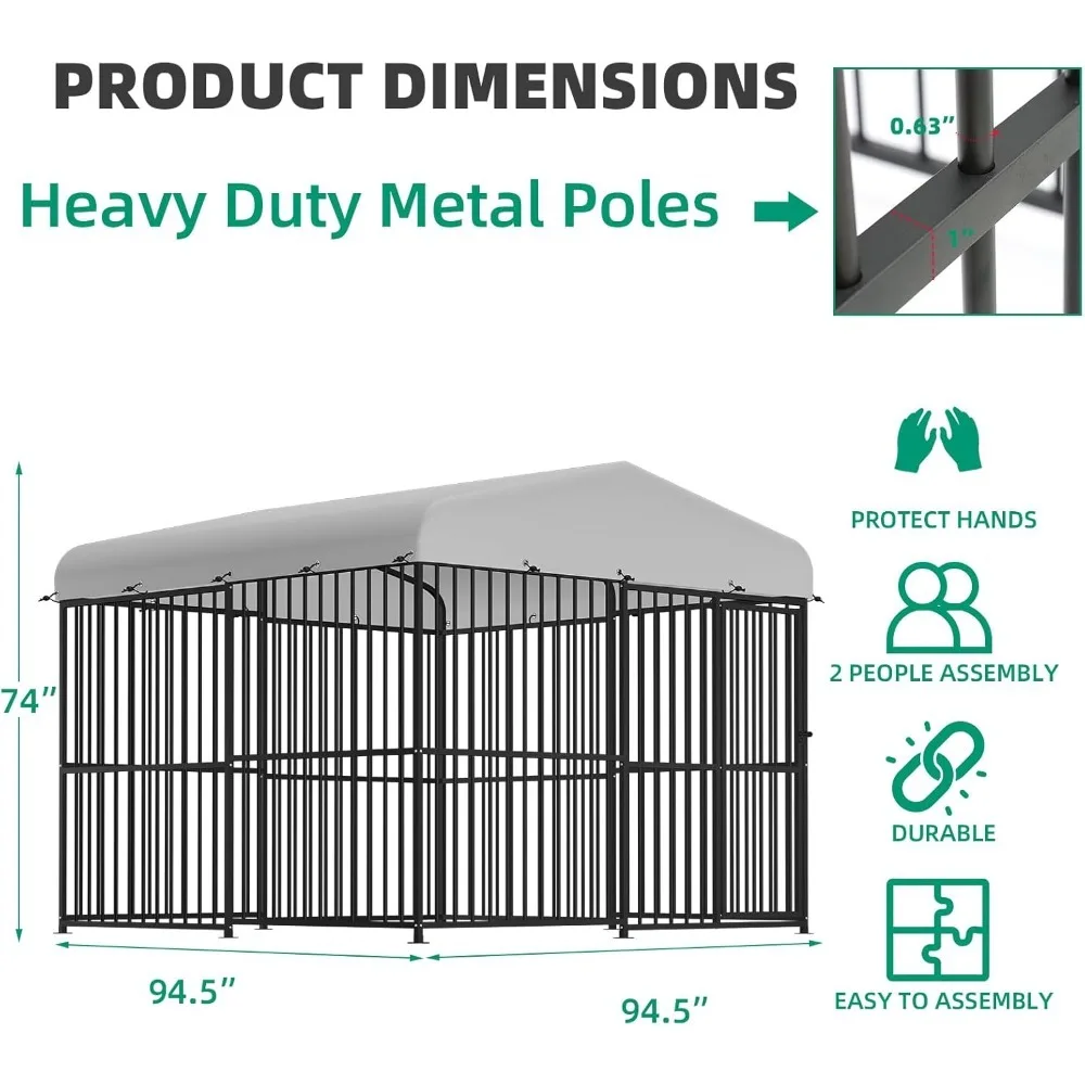 Outdoor Dog Kennel,Large Heavy Duty Metal Frame Dog Cage with Thickened Bars,  Waterproof Cover, Cage for Large to Small Dogs