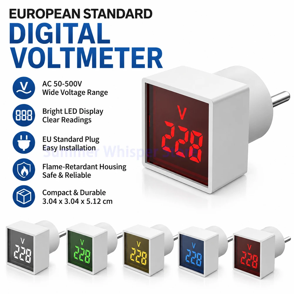 AC 220V/230V Portable Voltmeter LED Digital Display Voltage Measurement Monitor EU Plug Square Voltmeter