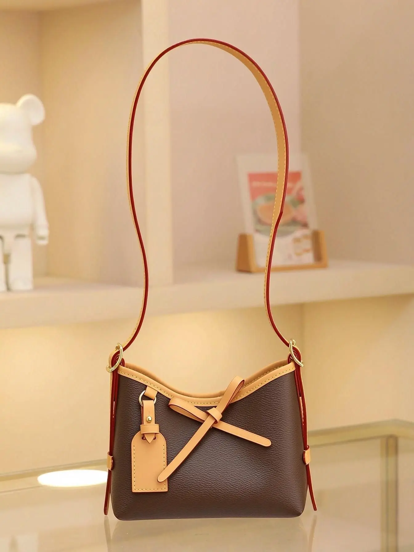 Vintage Color Block Mini Hobo Underarm Bag for Women, Small Shoulder Purse with Bow & Luggage Tag, Contrast Leather Trim Adjustable Strap Crossbody Bag