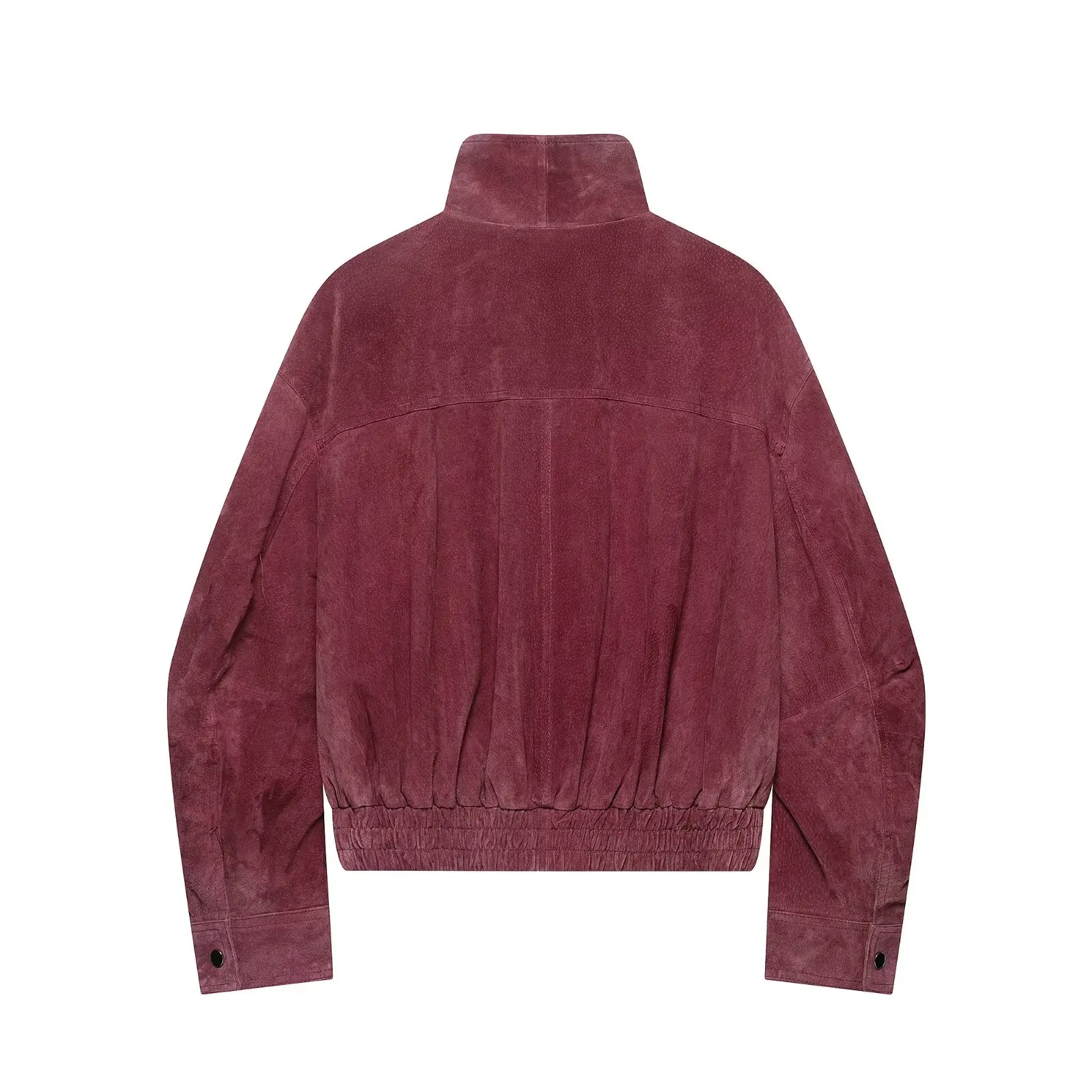 BSAY 2026 Autumn New Women Leather Bomber Jacket Stand Collar Full Zip Side Pockets Elastic Hem Long Sleeve Cropped Outerwear