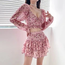 Conjunto de 2 peças de verão, roupas de praia de chiffon, top curto sexy, conjunto de duas peças, roupa feminina, roupa de férias para mulheres, mini saia 2024