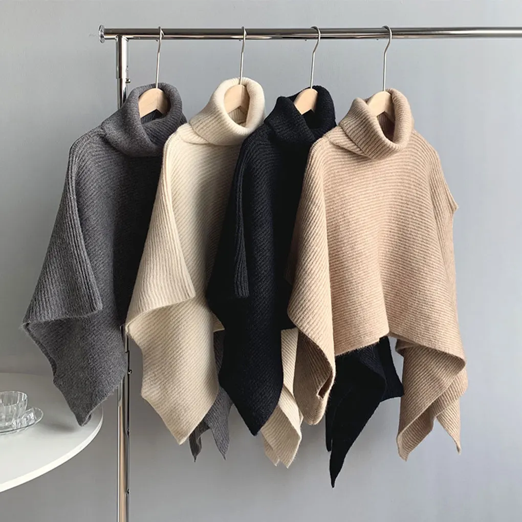 Turtleneck Sweaters Autumn Winter Pullover Women Heaps Collar Basic Tops Casual Soft Knit Shawl Cloak Warm Jumper